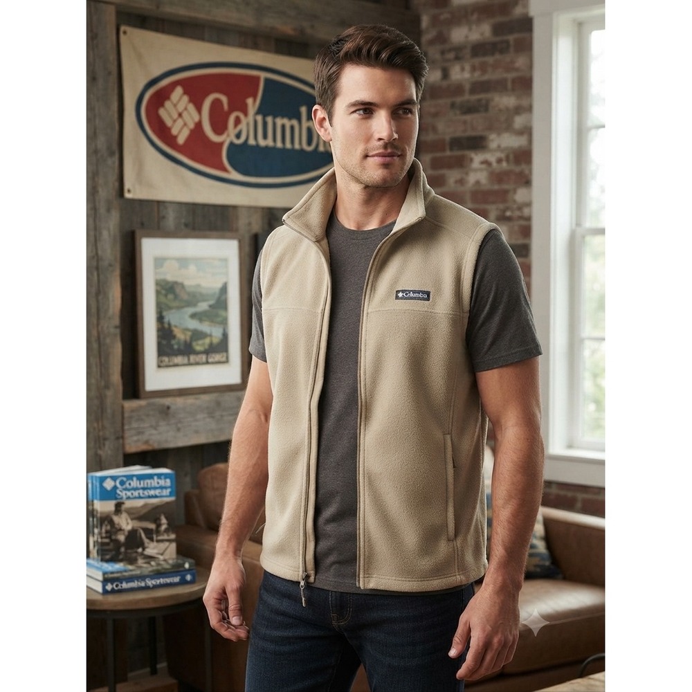 Columbia Mens Steens Mountain Fleece Vest Tan Beige‎ Full Zip Size M